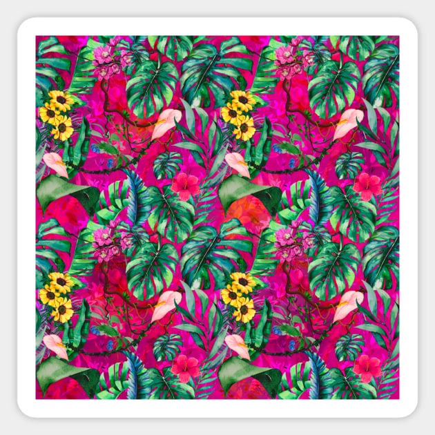 Cute tropical floral leaves botanical illustration, tropical plants,leaves and flowers, hot pink fuchsia leaves pattern Sticker by Zeinab taha